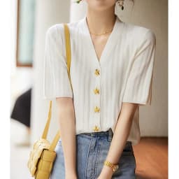 Fashion all-match ice silk short sleeve cardigan French slim V-neck T-shirt for women's summer starfish button cotton thread top