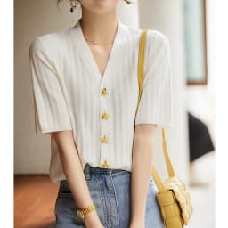 Fashion all-match ice silk short sleeve cardigan French slim V-neck T-shirt for women's summer starfish button cotton thread top