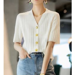 Fashion all-match ice silk short sleeve cardigan French slim V-neck T-shirt for women's summer starfish button cotton thread top