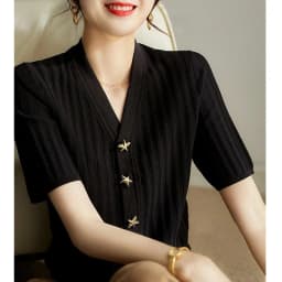 Fashion all-match ice silk short sleeve cardigan French slim V-neck T-shirt for women's summer starfish button cotton thread top