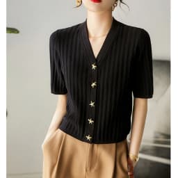 Fashion all-match ice silk short sleeve cardigan French slim V-neck T-shirt for women's summer starfish button cotton thread top