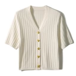 Fashion all-match ice silk short sleeve cardigan French slim V-neck T-shirt for women's summer starfish button cotton thread top