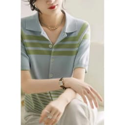ice silk short sleeve POLO collar stripe cotton thread loose knit cardigan T shirt women's summer dress versatile slim top