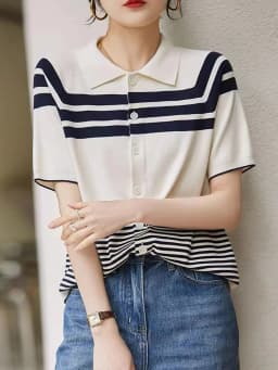 ice silk short sleeve POLO collar stripe cotton thread loose knit cardigan T shirt women's summer dress versatile slim top