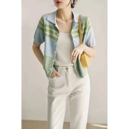 ice silk short sleeve POLO collar stripe cotton thread loose knit cardigan T shirt women's summer dress versatile slim top