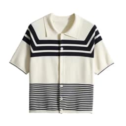 ice silk short sleeve POLO collar stripe cotton thread loose knit cardigan T shirt women's summer dress versatile slim top
