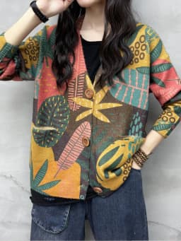 Amax luluE 2024 Korean Winter Fashion Floral Knitwear Womens Loose Warm Printed Sweaters Ladies Leisure V Neck Knitted Cardigans