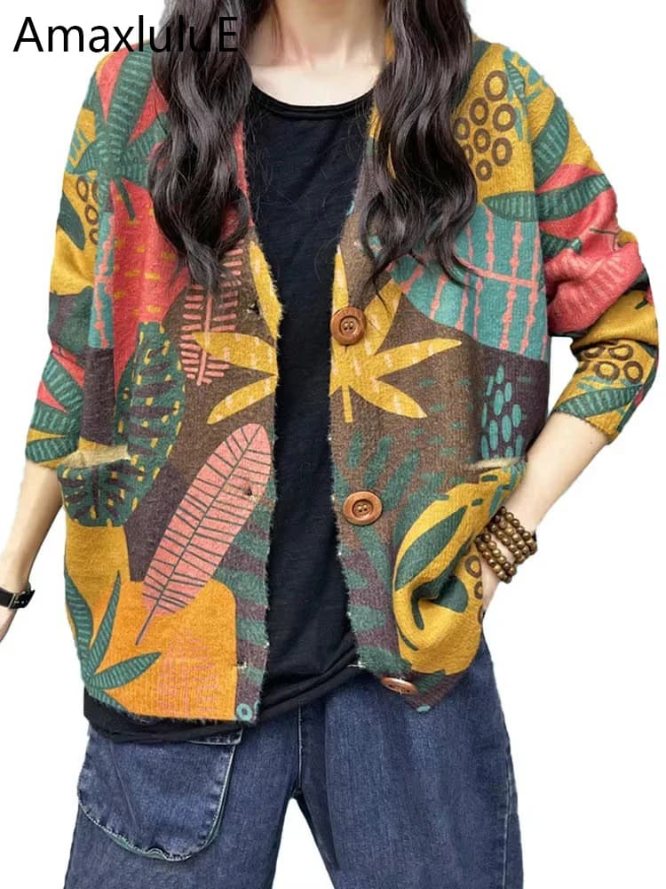 Amax luluE 2024 Korean Winter Fashion Floral Knitwear Womens Loose Warm Printed Sweaters Ladies Leisure V Neck Knitted Cardigans