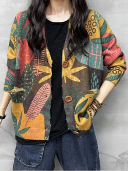 Amax luluE 2024 Korean Winter Fashion Floral Knitwear Womens Loose Warm Printed Sweaters Ladies Leisure V Neck Knitted Cardigans
