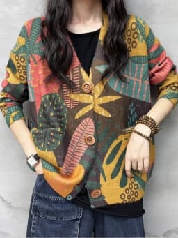 Amax luluE 2024 Korean Winter Fashion Floral Knitwear Womens Loose Warm Printed Sweaters Ladies Leisure V Neck Knitted Cardigans