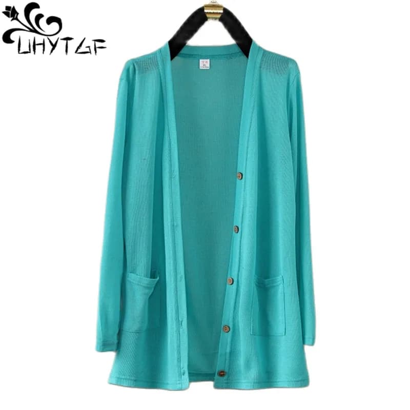 UHYTGF Fashion Women Coat 2022 New Knitted Shawl Cardigan Female Spring Summer Jacket Long-Sleeved Loose Size Thin Tops 5XL 1755