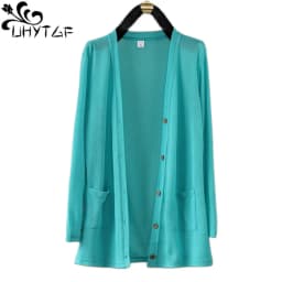 UHYTGF Fashion Women Coat 2022 New Knitted Shawl Cardigan Female Spring Summer Jacket Long-Sleeved Loose Size Thin Tops 5XL 1755