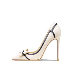 Genuine Leather Beige Bow Pumps 2025 New Pointed Toe Shallow Mouth Stiletto High Heels Fashion Sexy Party Shoes For Women