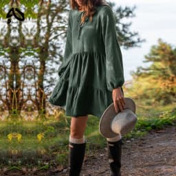 Muslin 100% Cotton Dress Retro Loose Ruffles Long Sleeve Green Dresses Women Robe