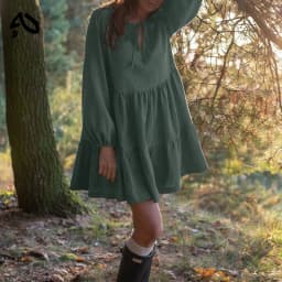 Muslin 100% Cotton Dress Retro Loose Ruffles Long Sleeve Green Dresses Women Robe