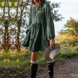 Muslin 100% Cotton Dress Retro Loose Ruffles Long Sleeve Green Dresses Women Robe