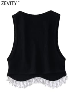 Zevity Women High Street Sexy Hem Tassel Diamond Beading Knitting T Shirt Chic Short Camis Tank Lady Slim Crop Vest Tops LS1311