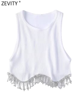 Zevity Women High Street Sexy Hem Tassel Diamond Beading Knitting T Shirt Chic Short Camis Tank Lady Slim Crop Vest Tops LS1311