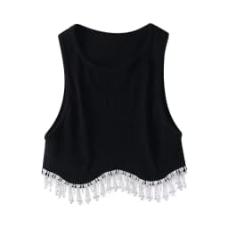 Zevity Women High Street Sexy Hem Tassel Diamond Beading Knitting T Shirt Chic Short Camis Tank Lady Slim Crop Vest Tops LS1311