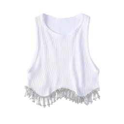 Zevity Women High Street Sexy Hem Tassel Diamond Beading Knitting T Shirt Chic Short Camis Tank Lady Slim Crop Vest Tops LS1311