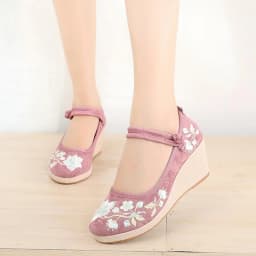 Floral Embroidered Women Spring Wedges Pumps Ladies Ethnic Canvas Mary Jane Dress Shoes Vintage Round Toe Espadrilles for Female