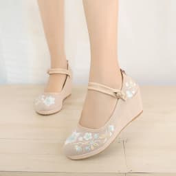 Floral Embroidered Women Spring Wedges Pumps Ladies Ethnic Canvas Mary Jane Dress Shoes Vintage Round Toe Espadrilles for Female