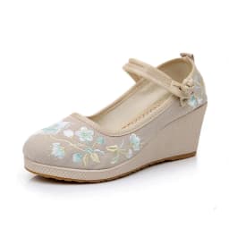 Floral Embroidered Women Spring Wedges Pumps Ladies Ethnic Canvas Mary Jane Dress Shoes Vintage Round Toe Espadrilles for Female