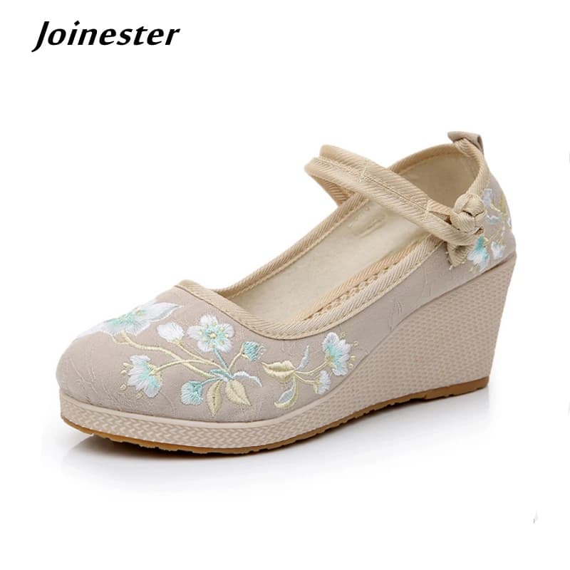 Floral Embroidered Women Spring Wedges Pumps Ladies Ethnic Canvas Mary Jane Dress Shoes Vintage Round Toe Espadrilles for Female