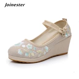 Floral Embroidered Women Spring Wedges Pumps Ladies Ethnic Canvas Mary Jane Dress Shoes Vintage Round Toe Espadrilles for Female