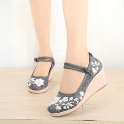 Floral Embroidered Women Spring Wedges Pumps Ladies Ethnic Canvas Mary Jane Dress Shoes Vintage Round Toe Espadrilles for Female