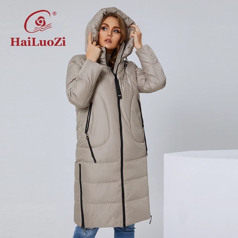 HaiLuoZi 2022 New Women Coat High Collar long Thick Women's Down Jacket Female Fashion Side Zipper L-5XL Elegant Hood Parka 6079