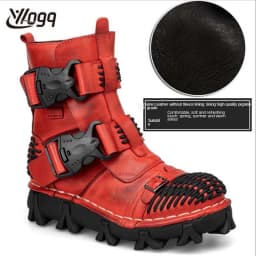 New Men's Fashion Genuine Leather Motorcycle Boots Buckle Strap Combat Boots Skull Punk Desert Boots Winter Warm High-top Shoes
