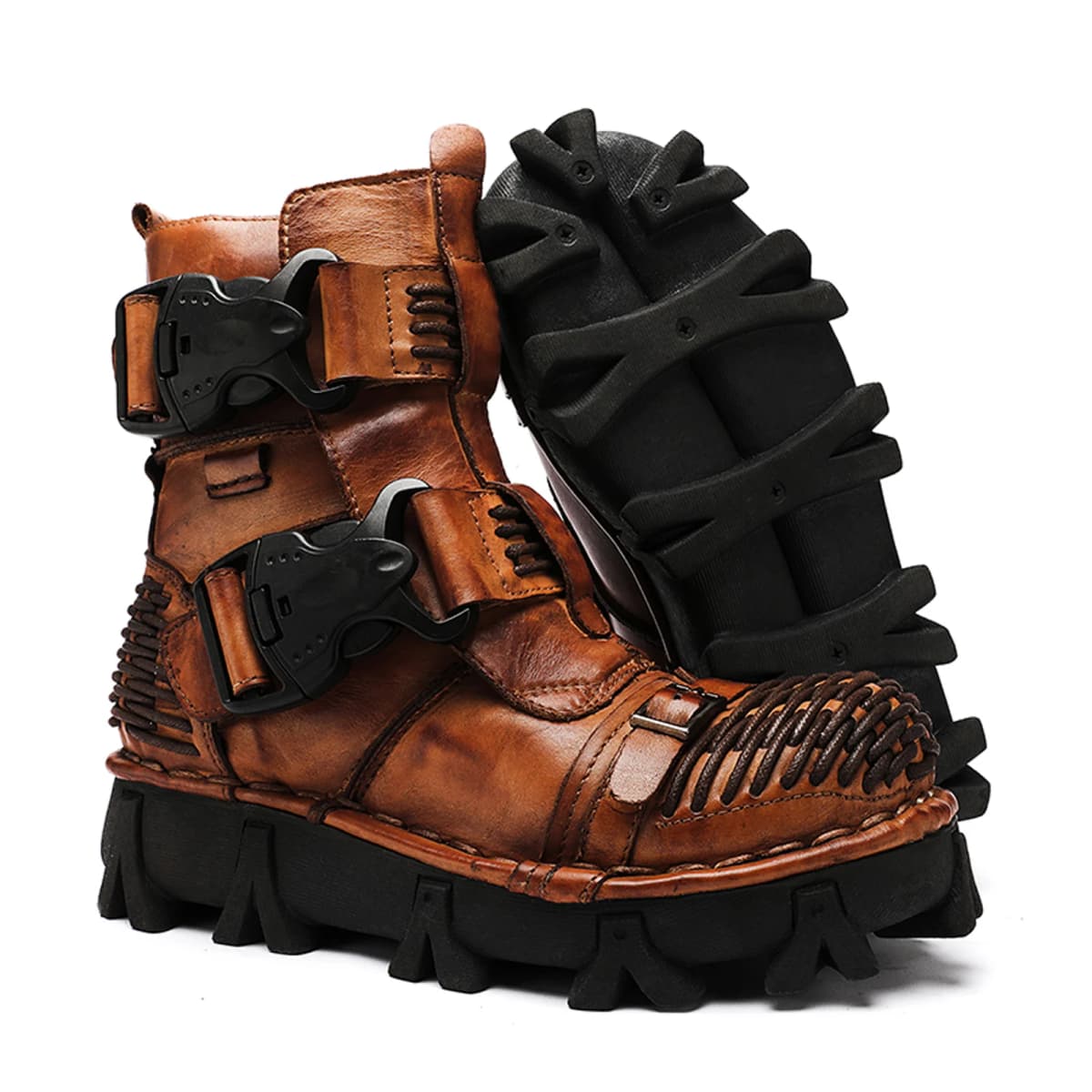New Men's Fashion Genuine Leather Motorcycle Boots Buckle Strap Combat Boots Skull Punk Desert Boots Winter Warm High-top Shoes