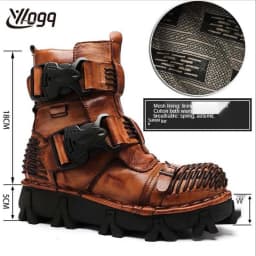 New Men's Fashion Genuine Leather Motorcycle Boots Buckle Strap Combat Boots Skull Punk Desert Boots Winter Warm High-top Shoes