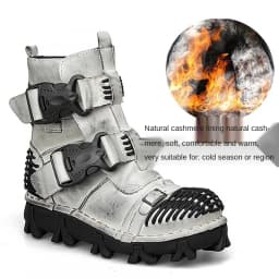 New Men's Fashion Genuine Leather Motorcycle Boots Buckle Strap Combat Boots Skull Punk Desert Boots Winter Warm High-top Shoes