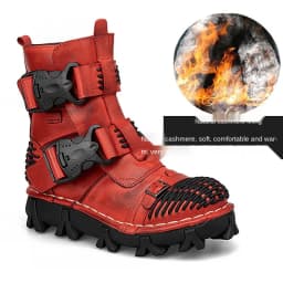 New Men's Fashion Genuine Leather Motorcycle Boots Buckle Strap Combat Boots Skull Punk Desert Boots Winter Warm High-top Shoes