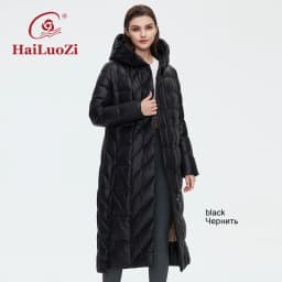 HaiLuoZi Women's Winter Jacket Fashion Long Knee Length Thick Women Coat Unique Design Splicing Diagonal Belt Cotten Parkas 6037