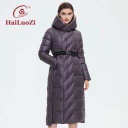 HaiLuoZi Women's Winter Jacket Fashion Long Knee Length Thick Women Coat Unique Design Splicing Diagonal Belt Cotten Parkas 6037