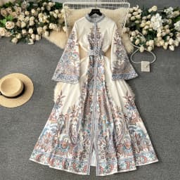 Vintage Women's Dress Long Sleeve Print Floral High Waist Boho Party Maxi Vestidos Elegant Luxury Long Dresses Spring Autumn