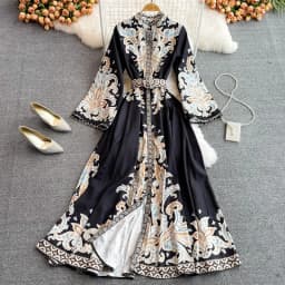 Vintage Women's Dress Long Sleeve Print Floral High Waist Boho Party Maxi Vestidos Elegant Luxury Long Dresses Spring Autumn