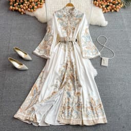 Vintage Women's Dress Long Sleeve Print Floral High Waist Boho Party Maxi Vestidos Elegant Luxury Long Dresses Spring Autumn