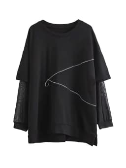 Amax luluE Spring Fashion 2024 Clothes Ladies Lace Patchwork T-shirts Womens Zippers Black Tees Female Casual Long Sleeve Tops