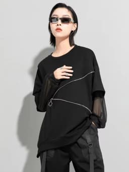 Amax luluE Spring Fashion 2024 Clothes Ladies Lace Patchwork T-shirts Womens Zippers Black Tees Female Casual Long Sleeve Tops