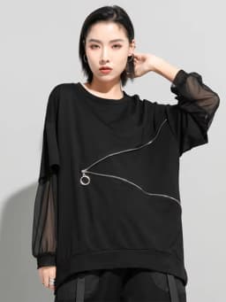 Amax luluE Spring Fashion 2024 Clothes Ladies Lace Patchwork T-shirts Womens Zippers Black Tees Female Casual Long Sleeve Tops