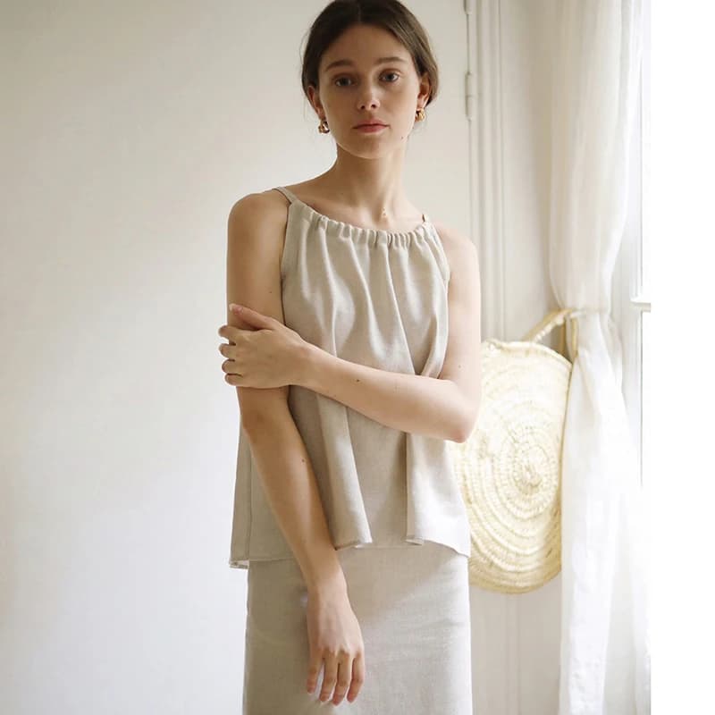 Vintage 100% Linen Women's Halter Top Sexy Ruched Sleeveless Back Bandage Lace-Up Korean Fashion Summer Tank Tops