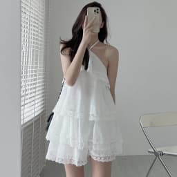 Clothland Women Sweet Ruffled Lace Blouse Halter Sleeveless Shirt Mini Shorts Two Piece Set Summer White Cute Suits TZ302