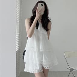 Clothland Women Sweet Ruffled Lace Blouse Halter Sleeveless Shirt Mini Shorts Two Piece Set Summer White Cute Suits TZ302
