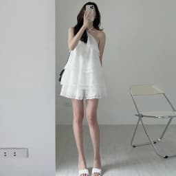 Clothland Women Sweet Ruffled Lace Blouse Halter Sleeveless Shirt Mini Shorts Two Piece Set Summer White Cute Suits TZ302
