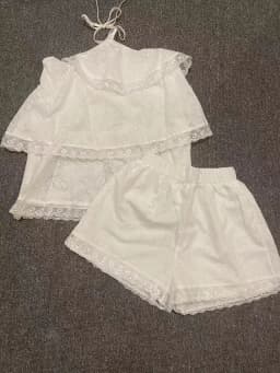 Clothland Women Sweet Ruffled Lace Blouse Halter Sleeveless Shirt Mini Shorts Two Piece Set Summer White Cute Suits TZ302