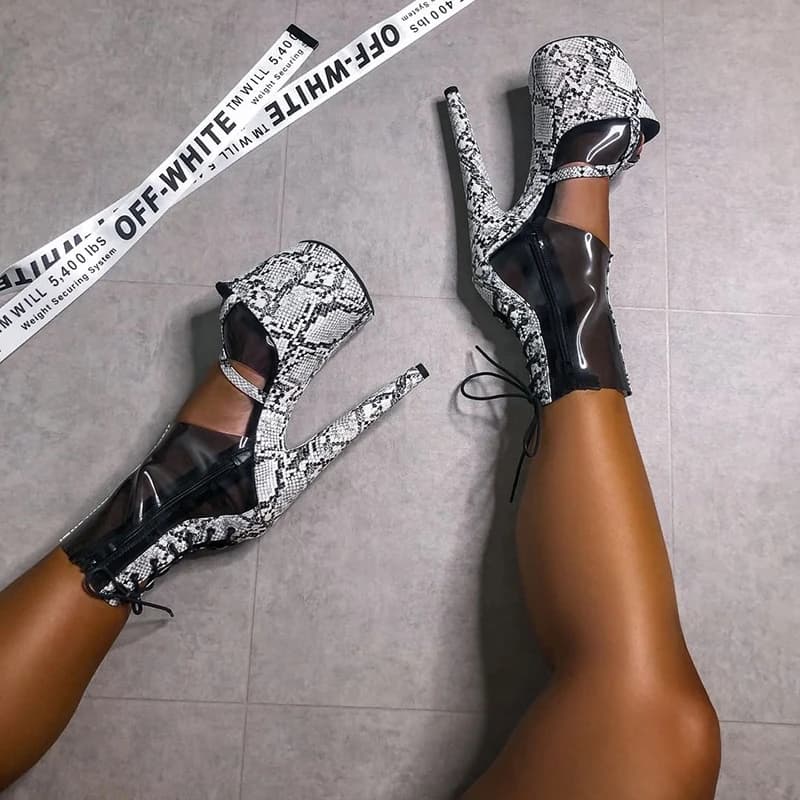 Crossdress Catwalk 20cm Exotic Stripper Open Toe Pole Dancing Heel Ankle Boots Women Snake Print Gothic 8 Inch Sexy Platform